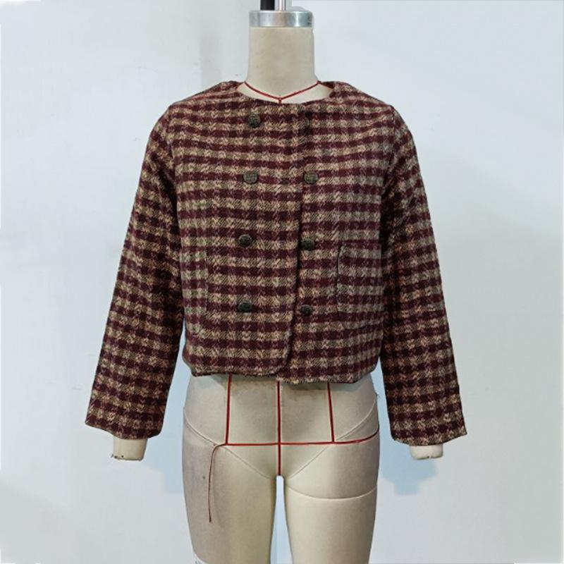 Осенняя женская короткая куртка с круглым вырезом и длинным рукавом в клетку с принтом, повседневная ветровка