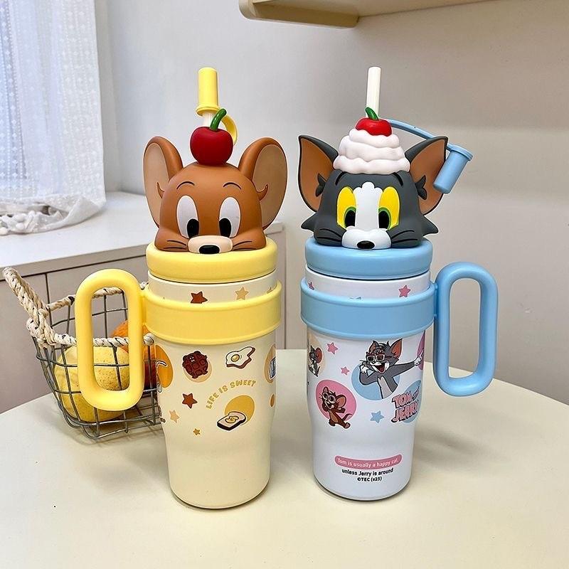 Термокружка Tom and Jerry с крышкой, трубочкой и ручкой для использования в офисе