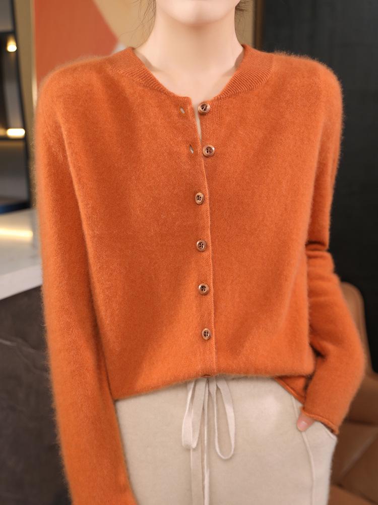 Autumn/Winter New Pure Wool Round Neck Long Sleeve Women's Cardigan Sweater Coat