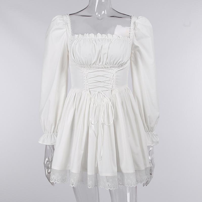 Women Fall Cute Sweet Puff Sleeve Square Collar Solid Color High Waist A-line Lace Princess Dress