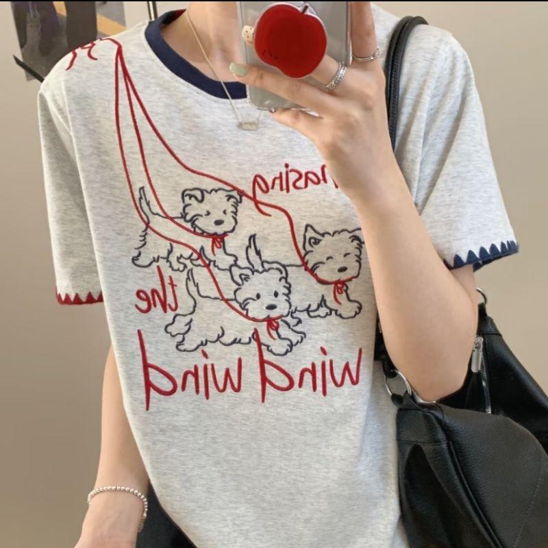 Корейские женские футболки с коротким рукавом, повседневные, с вышитыми большими цветами, женские футболки, модные женские хлопковые футболки, белые топы y2k