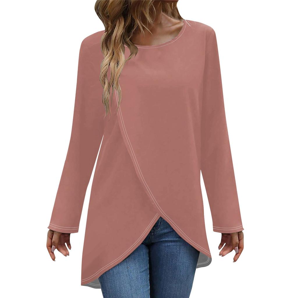 Женская модная повседневная однотонная футболка с длинным рукавом и круглым вырезом с перекрестным подолом, топ