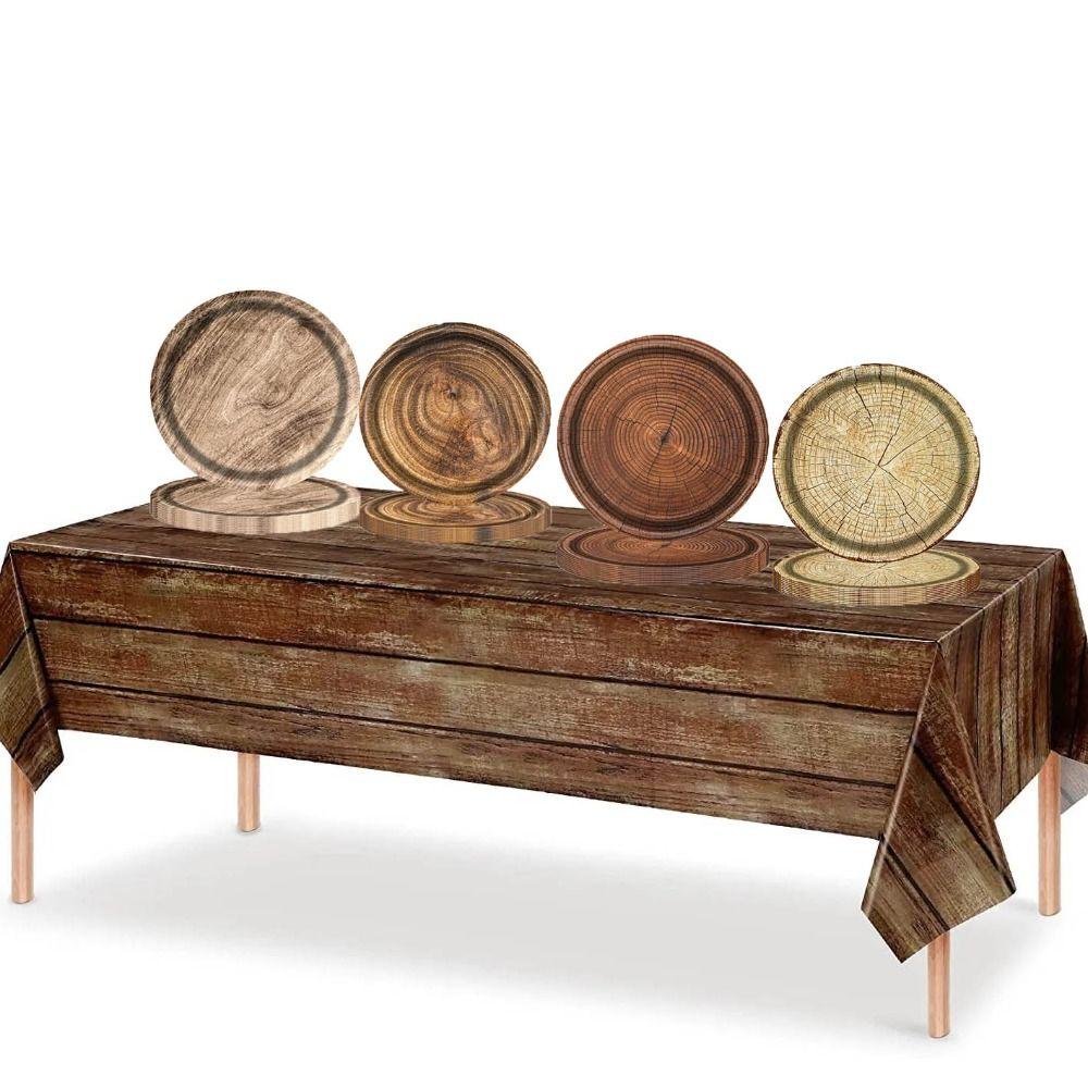 10pcs Round Imitation Wood Grain Disposable Plate Vintage Paper Food Tray Disposable Dish Picnic