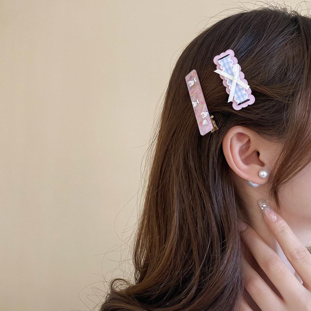 2 шт./компл. Корейский стиль Мультяшный кот Заколки-автоматы Корейская заколка для волос Бант Клетчатая заколка для волос Лето