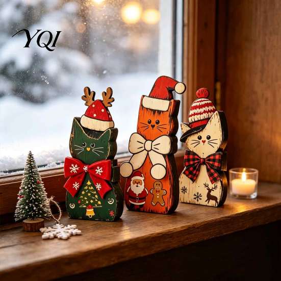 Rustic Wood Cat Figurines 3Pcs Christmas Wooden Ornaments with Hat and Bow Tie, Decorative 2D Thanksgiving Table Centerpieces Flat Tabletop Figurines,