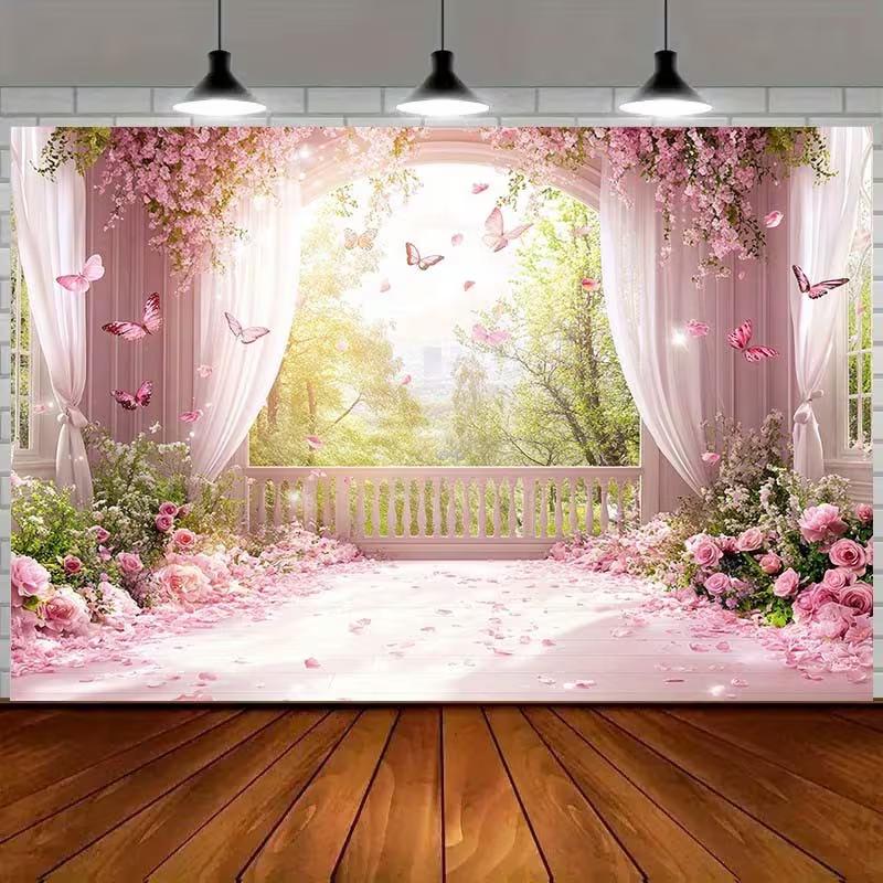 2D Pink Floral Balcony Backdrop, 2D Flat Romantic Garden Banner with Butterflies & Roses for Party Decoration