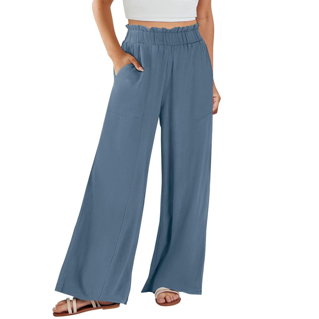 Женские хлопковые льняные брюки, летние широкие повседневные свободные брюки-палаццо с высокой талией и шнурком, брюки с карманами
