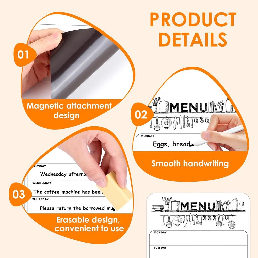 Magnetic Weekly Meal Planner for Refrigerator, 8x12'' Dry Erase Menu Board, Stain Resistant Whiteboard, Strong Magnetic Backing, Ideal for Families,
