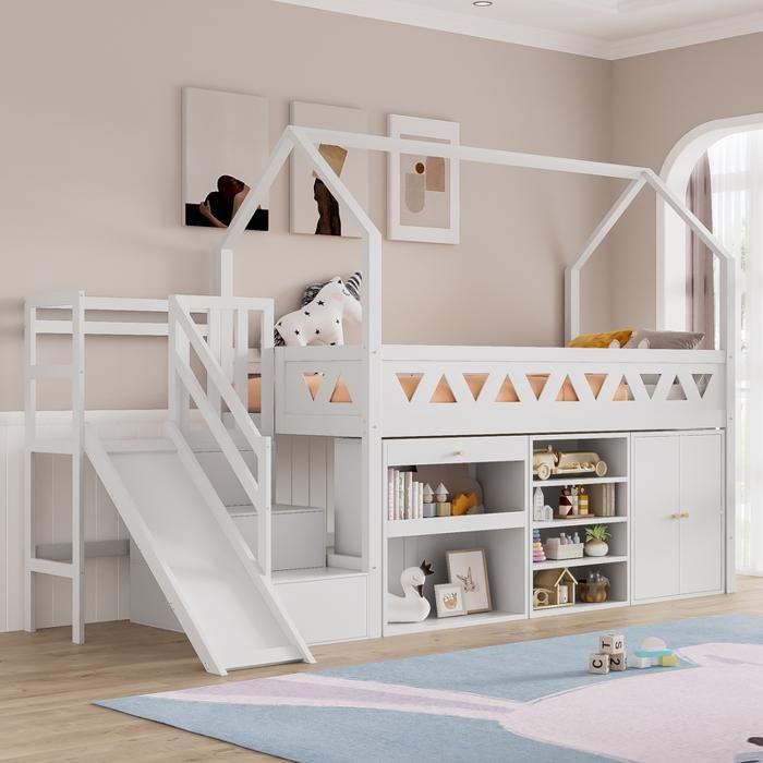 Lit d'enfant - MUVOE - 90x200 - Bois massif - Avec toboggan et tiroirs - Blanc