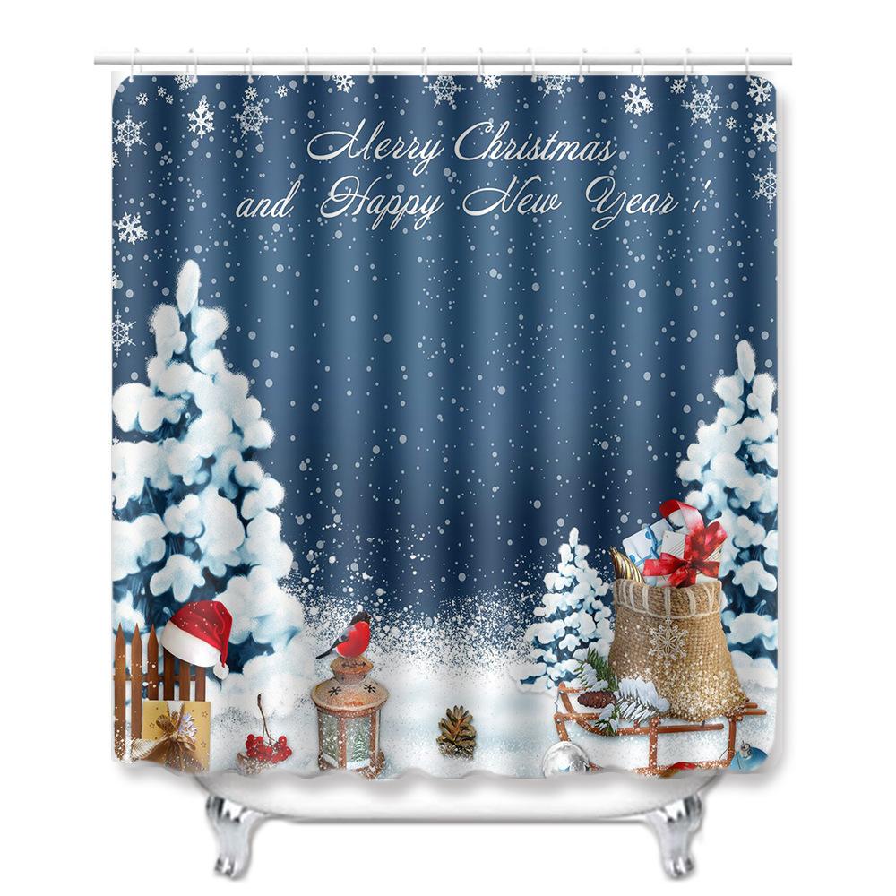 Christmas Shower Curtain Floor Mat Combination Four-Piece Set Bathroom Toilet Carpet Shower Room Mat Foot Mat