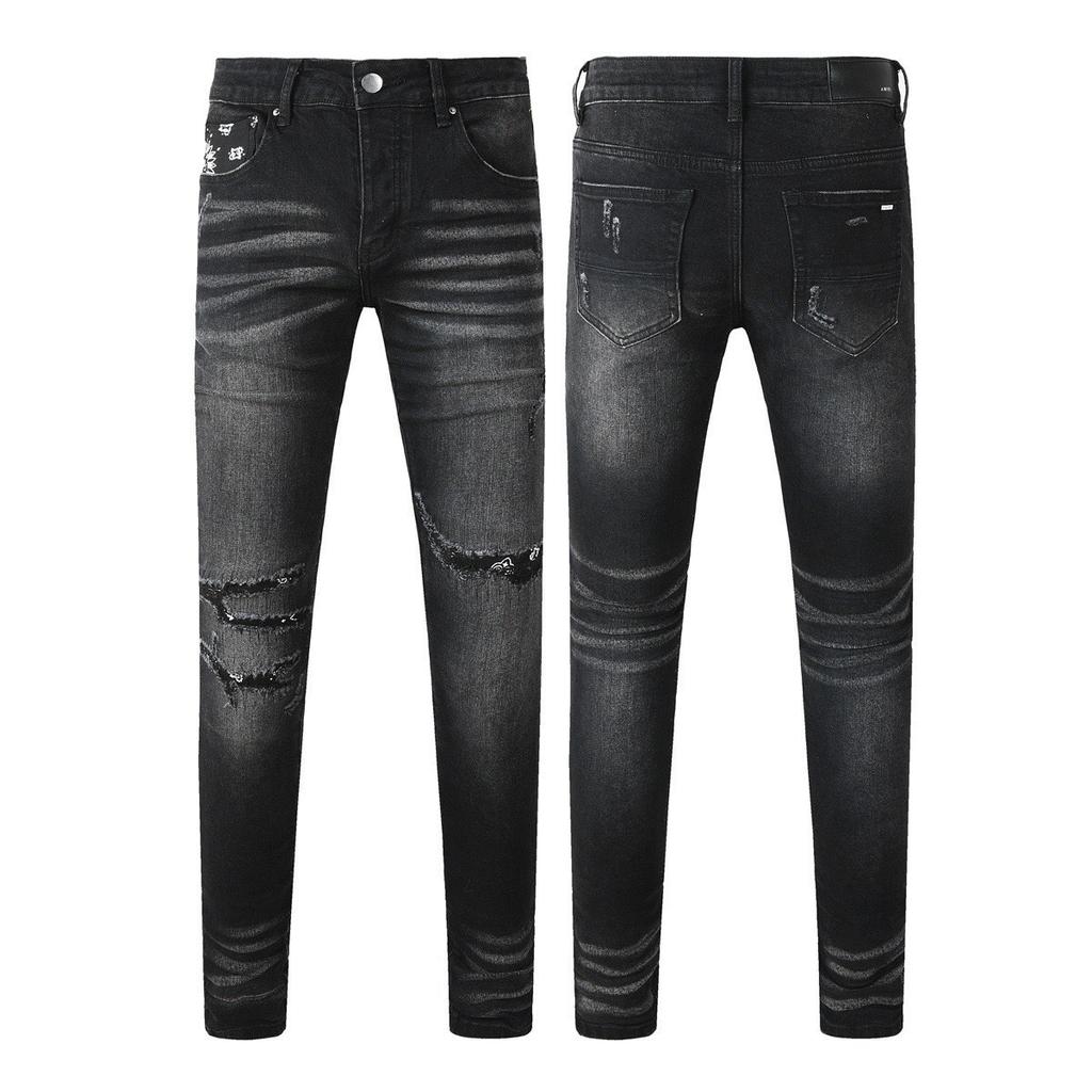 GLYDE American Street Style Tight Jeans Black Leather Patch Ripped Worn Denim Tapered Pants