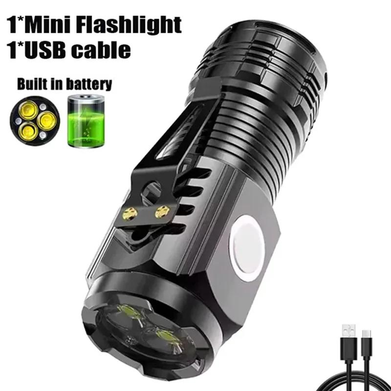 Тактический мини-фонарик USB, перезаряжаемый, супер яркий, для улицы, 3 светодиода, с клипсой, магнитом, рабочий свет для походов, кемпинга, ремонта автомобиля