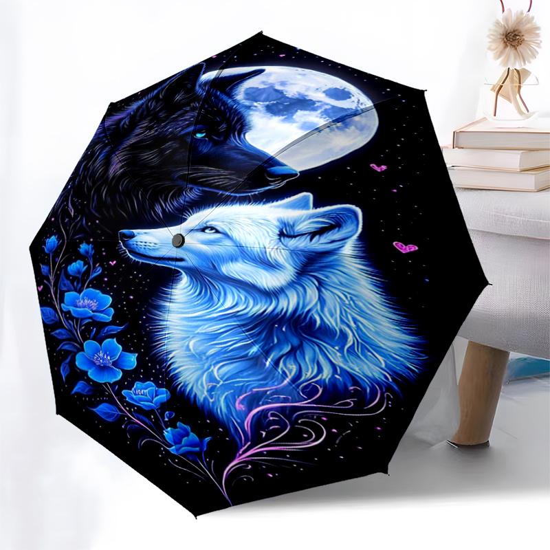 Blue Moon Wolf Floral Design Automatic Opening/Closing Umbrella with Foldable Design, Iron Frame, Outdoor Use, Festival Gift for Fans, Trave