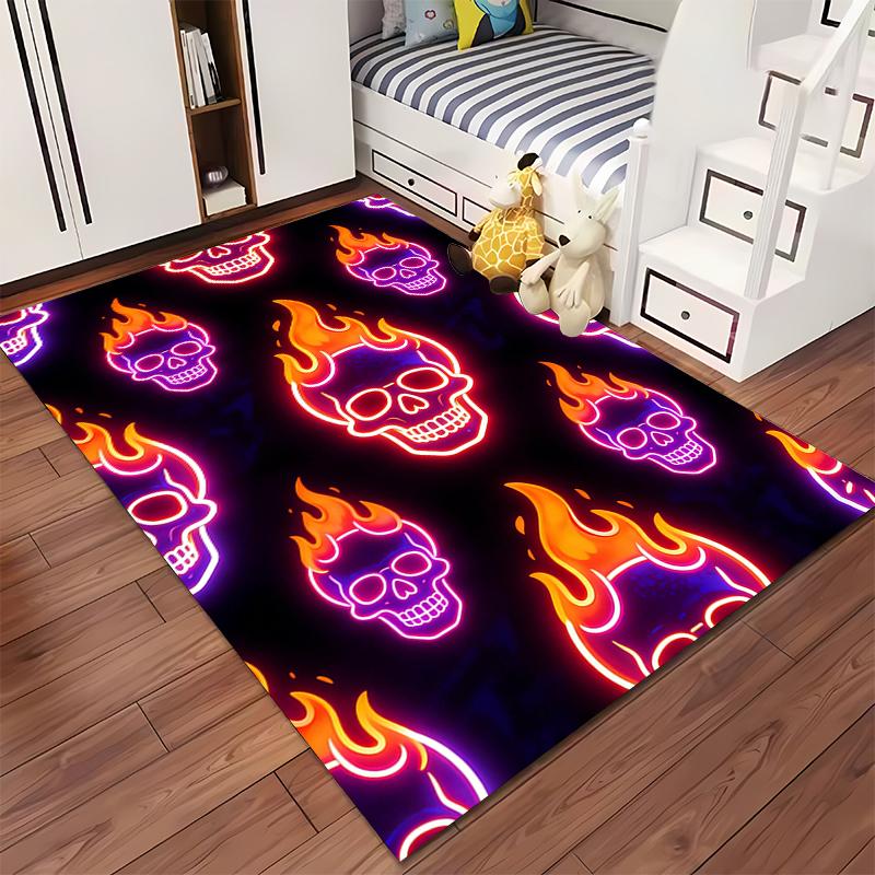 "Flaming Skull Neon Art Carpet, Bright Modern Decor, Black Base" Suitable for use as an anti-slip for living room bedroom sofas
