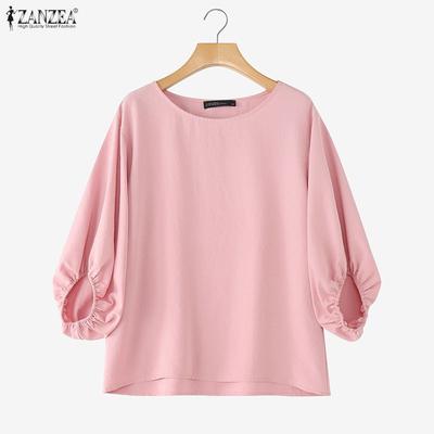 Женская повседневная однотонная блузка с круглым вырезом и рукавом 3/4