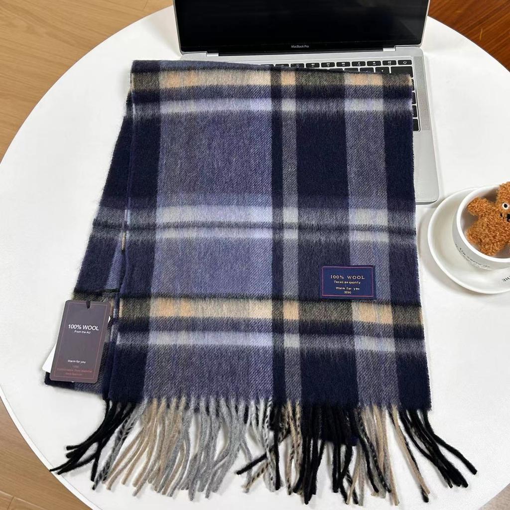 Men Scarf 100% Wool Plaid Warm Soft Muffler Female Winter Autumn Couple Cashmere Windproof Stripe Tassel Shawl Male Thick Scarf