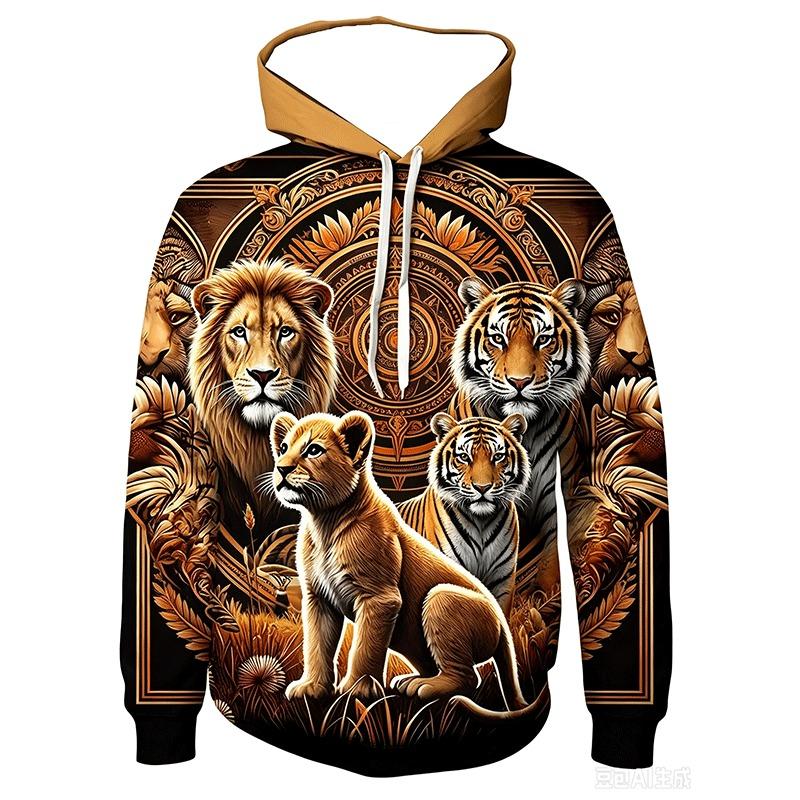 Casual Long Sleeve Hoodie for Men Featuring a 3D Design of a Sacred Lion And a Young Lion, Complete with a Pocket. Spring and Autumn