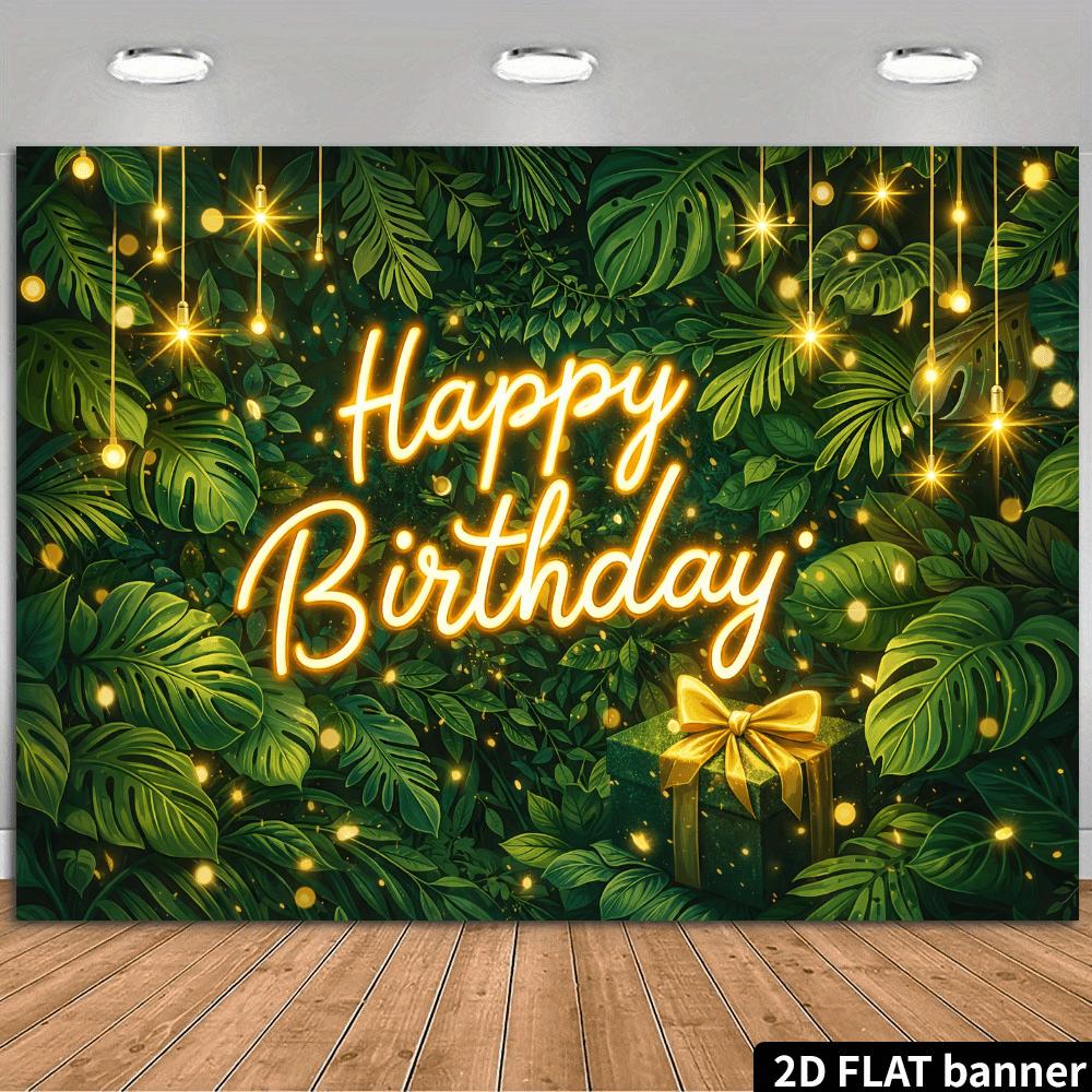 2D Flat 1pc 2D Flat Banner Happy Birthday Theme Decor Backdrop Green Tropical Pattern Gold Lights Green Gift Box Gold Butterfly For