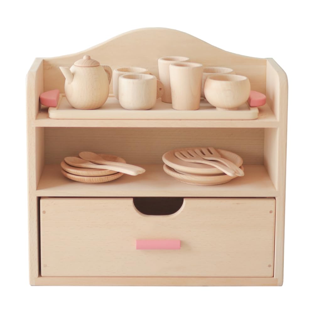 Daiwa Wooden Toy Mini Play Kitchen Set Includes Dish Cabinet and Dish All dishes can be stored Perfect for pretend or (Pink) - Set. inside. play,