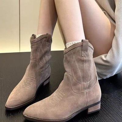 Вышитые ковбойские сапоги для женщин, осенние сапоги с острым носком и толстым каблуком, высокие сапоги до колена, женские свободные длинные сапоги из искусственной кожи