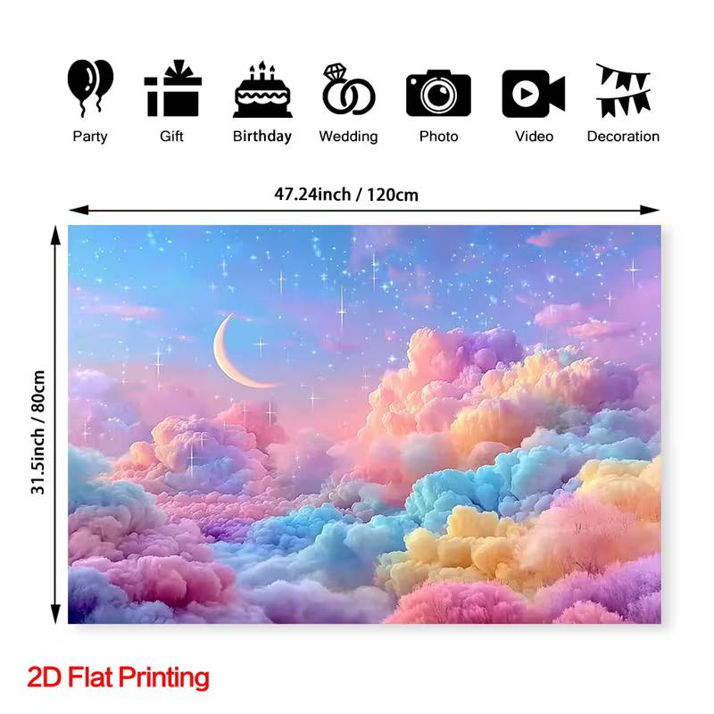 2D Flat Rainbow Cloud Sky Banner Magical Moon Star Backdrop for Kids Party & Photoshoot