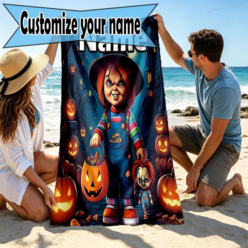 Custom Name Personalized Bride of Chucky Print Beach Towel, for Trip Camping Beach Party Home Decor, Birthday Gift for Family & Friends