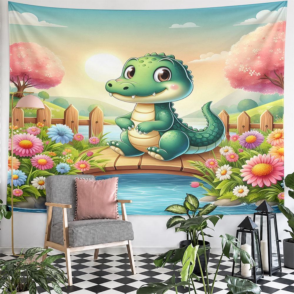 Cute Cartoon Alligator by a Sunny Bridge Pattern Wall Hanging Tapestry Decorative Tapestry Home Decor for Bedroom and Living Room