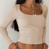 New Women Sexy Knitted T-shirt Casual Lace Square Collar Bottoming Long Sleeve Tshirt Woman Slim Fit Soild Lady Tees Tops 30600