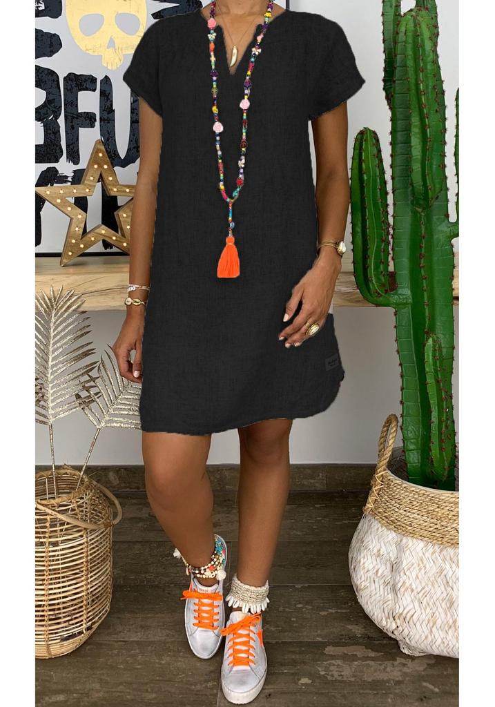 Летнее однотонное платье с V-образным вырезом, коротким рукавом из хлопка и льна для женщин, 2025