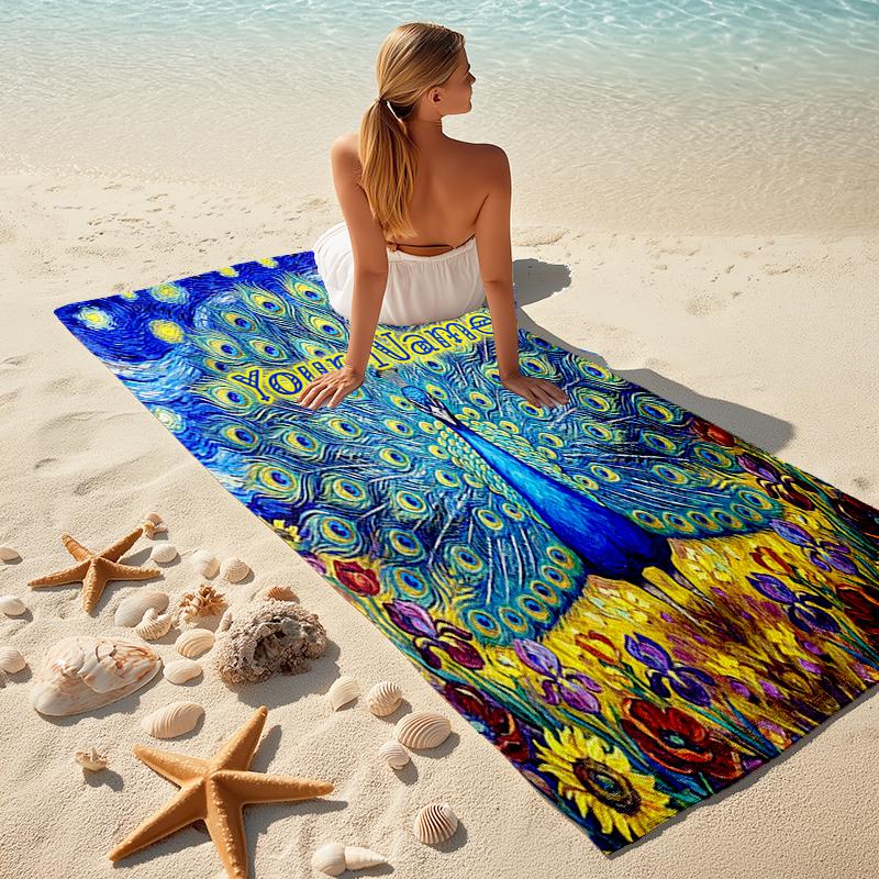 1PC Custom Name Peacock Sunflower Field Beach Towel Highly Absorbent And Sand-Resistant Towel for Swimming, Pool, Yoga, And Travel Lightweight