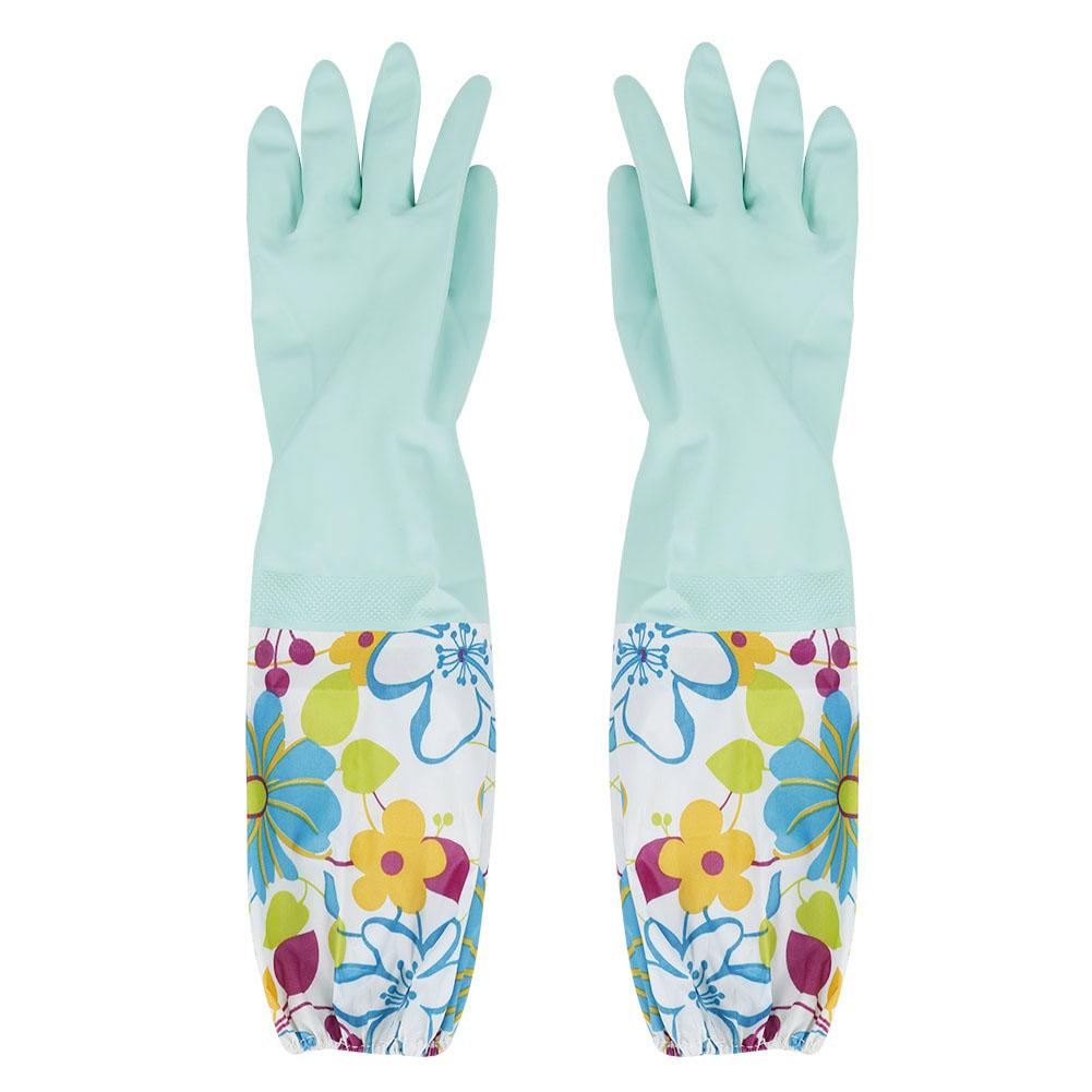 Green Floral Dishwashing Gloves Household Beam Port Velvet Gloves Warm Gloves
