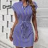 Женское летнее мини-платье с v-образным вырезом, без рукавов, на талии, с узкими завязками, короткое платье с принтом в вертикальную полоску, офисное платье для отпуска