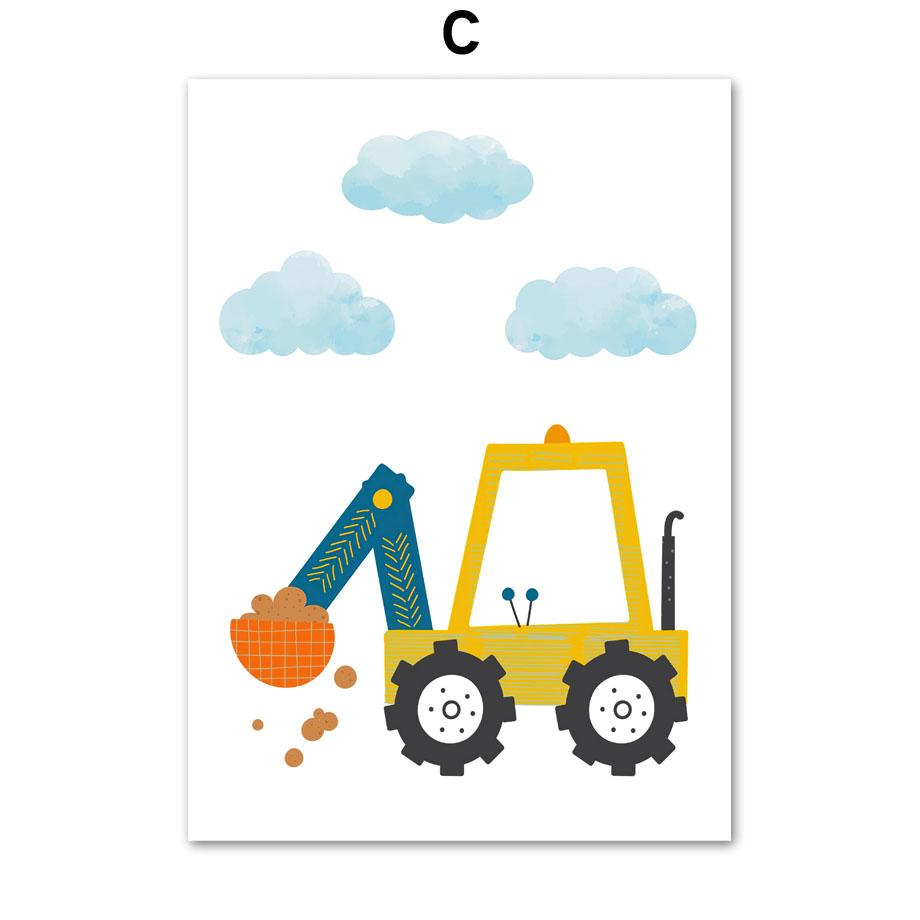 Modern Cartoon Crane Excavator Dump Truck Nursery Wall Art Canvas Nordic Posters & Prints Pictures Baby Kids Room Decor