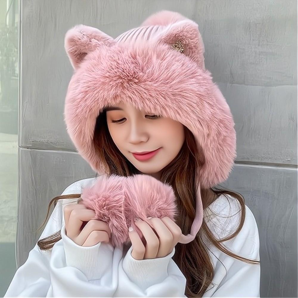 Fluffy Cat Ears Beanie Cartoon Ear Protection Hat Fashion Winter Plush Hat  Children