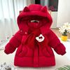 Стильная красная хлопковая куртка с капюшоном в мультяшном стиле для девочек - Зимняя, теплая и утолщенная