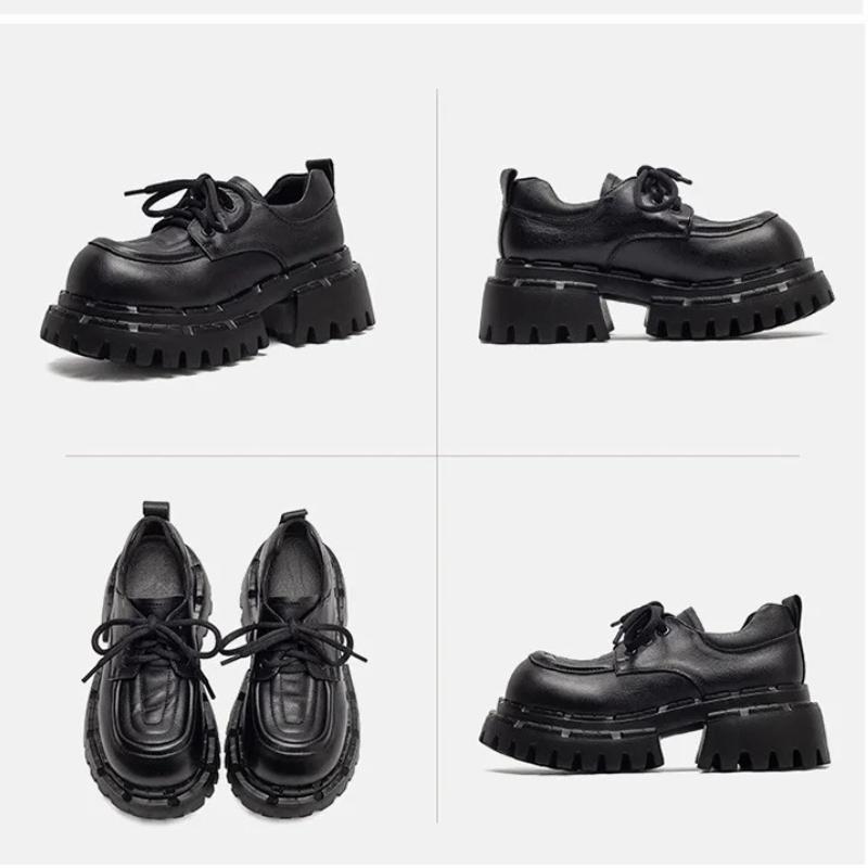 Johnature Женские туфли-лодочки на толстой подошве с круглым носком и шнуровкой в британском стиле, из натуральной кожи, универсальные, на высоком каблуке