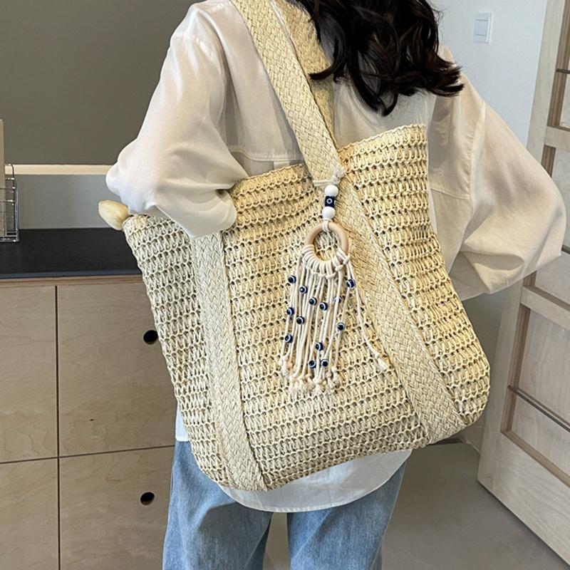 Yogodlns Летняя соломенная большая вместительная женская сумка через плечо с кисточками и плетеной пляжной сумкой-тоут