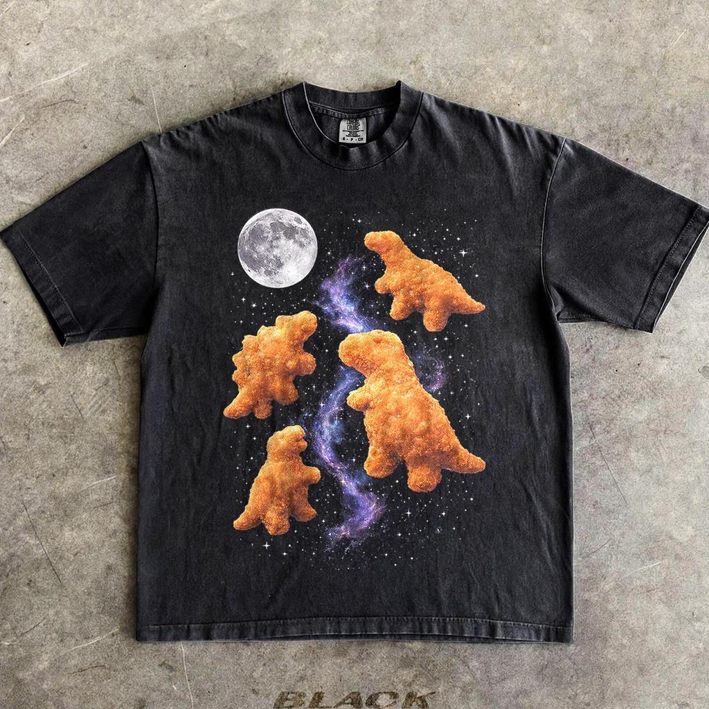 Dino Chicken Nugget Retro Graphic Shirt, Vintage Chicken Nugget Moon Tshirt, Comfort Colors Oversized Washed Dinosaur Chicken Nugget Tee