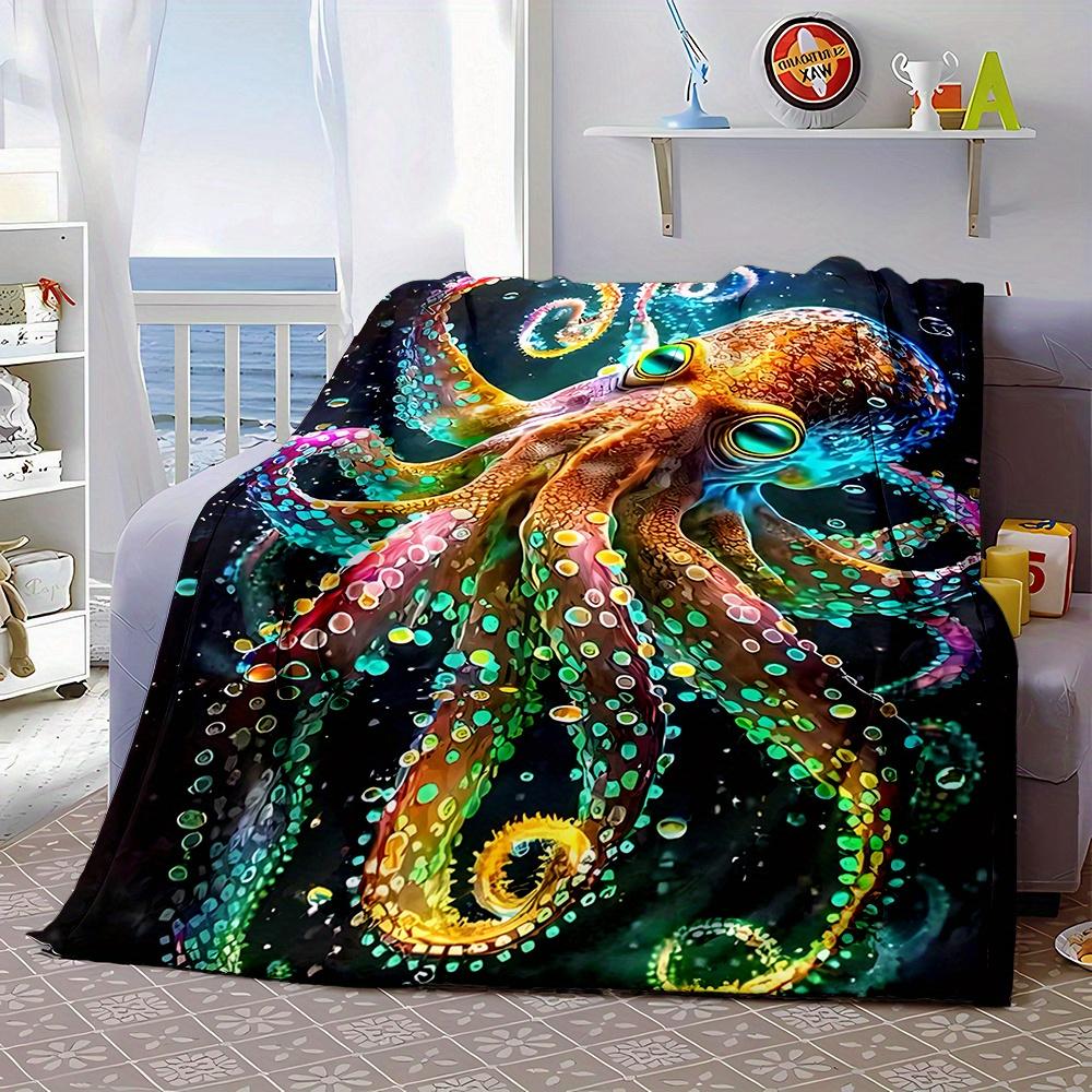 Contemporary Reversible Octopus Print Throw Blanket - Cartoon Themed, All-Season, Non-Woven Polyester, Lightweight, Soft Flannel