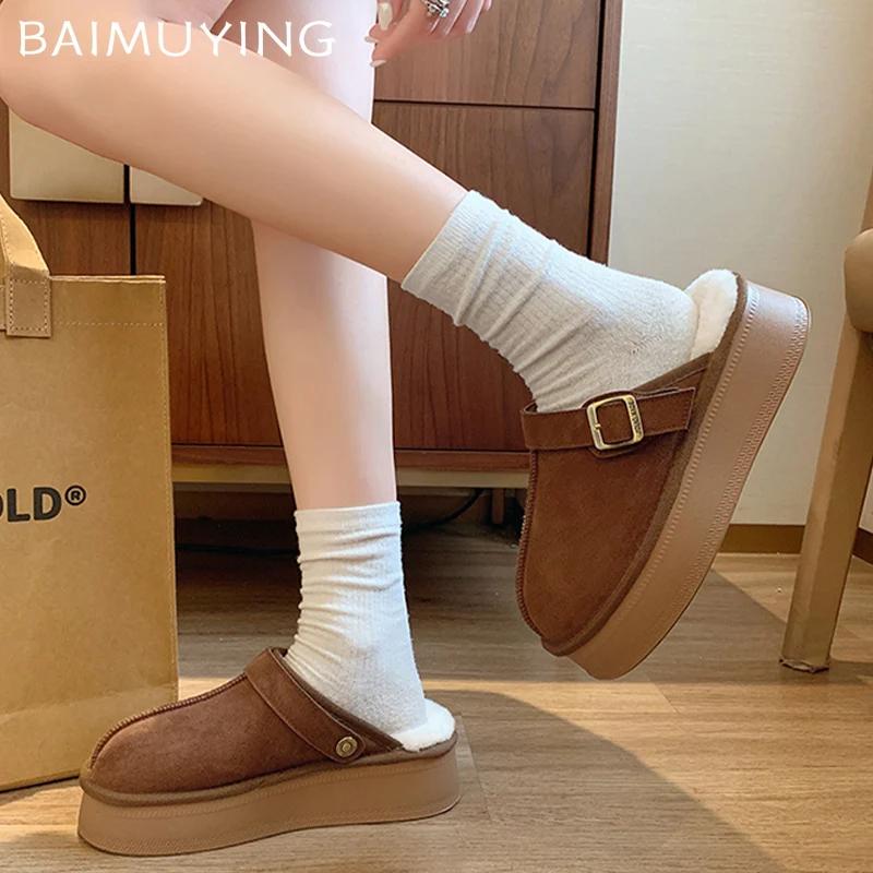 Замшевые женские хлопковые тапочки на платформе, дизайнерские короткие плюшевые повседневные туфли на плоской подошве, модные теплые зимние туфли-мюли 2025 года для снега