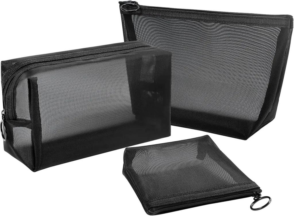 3Pcs Set Small Mesh Makeup Bag Travel Kit - Breathable Cosmetic Pouch with Zippers Portable Organizer