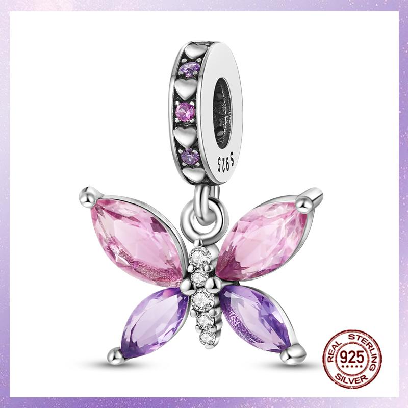 Фиолетовые Шармы Медный Fit Оригинальный Подвесной Браслет Бабочка Стекло Сердце Перо Клип Шарм Подвеска Светящаяся Бусина DIY Ювелирные Изделия