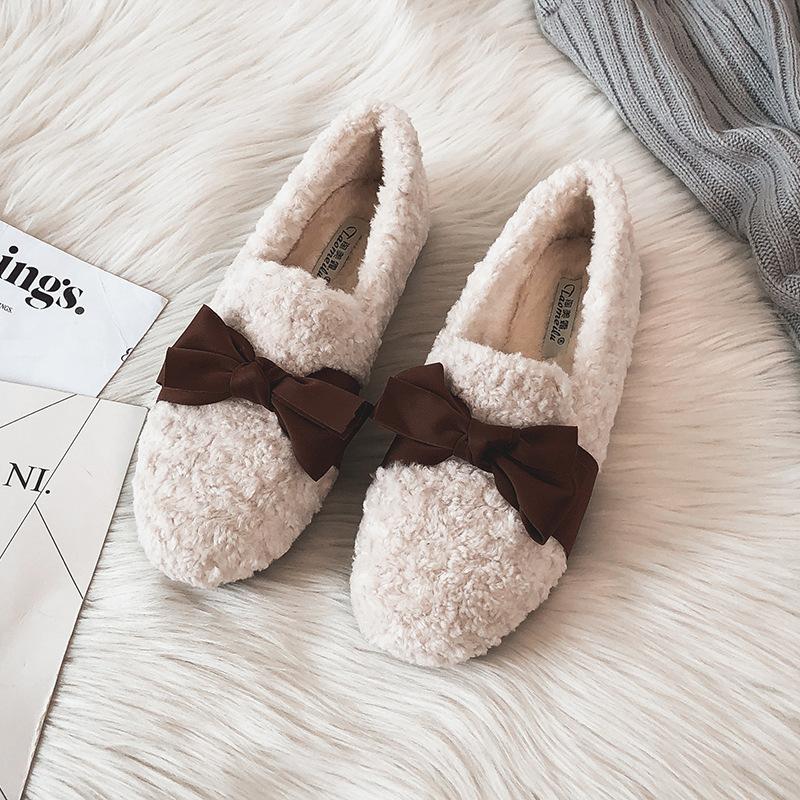 Round Toe Casual Woman Shoe Autumn Loafers Fur Shallow Mouth Boat New Fall Moccasin Flock Buckle Strap Leisure Rubber Solid Mary