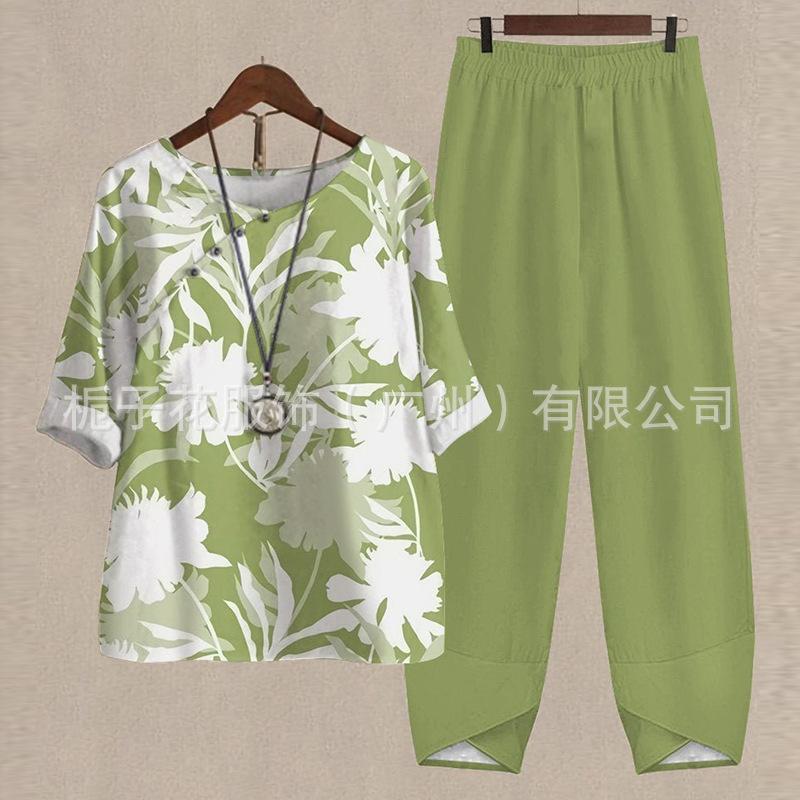 Europe beautiful women casual suit popular fashion summer new five-quarter sleeve printed top pants two-piece set
