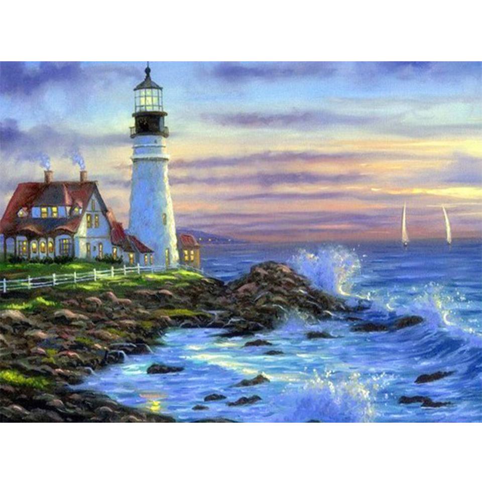 Diamond 5d Landscape Full Painting Round Diamond Embroidery Seaside Lighthouse Rhinestone Craft Mosaic Home Decoration Picture