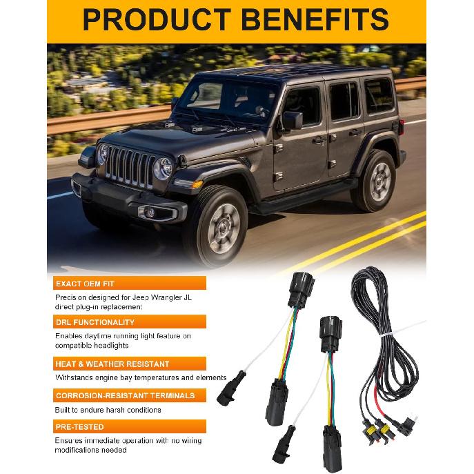 Headlight DRL Adapter Harness Kit Compatible with Jeep Wrangler JL 2018 2019 2020 2021 2022 Adapter W/DRL 4th Wire Harness [Plug N Play]