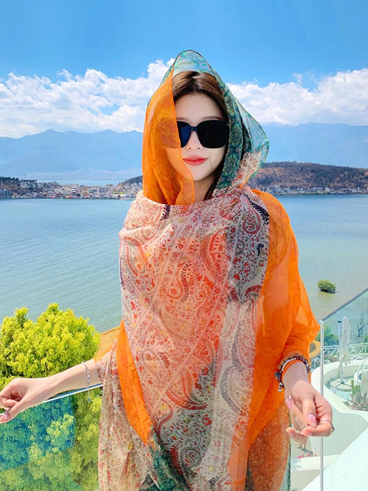 Summer Chiffon Hijab Elegant Women Silk Scarf Vintage Print Mujer Shawl Bandana Sarong Beach Wrap Scarve Pareo Bufanda Stoles