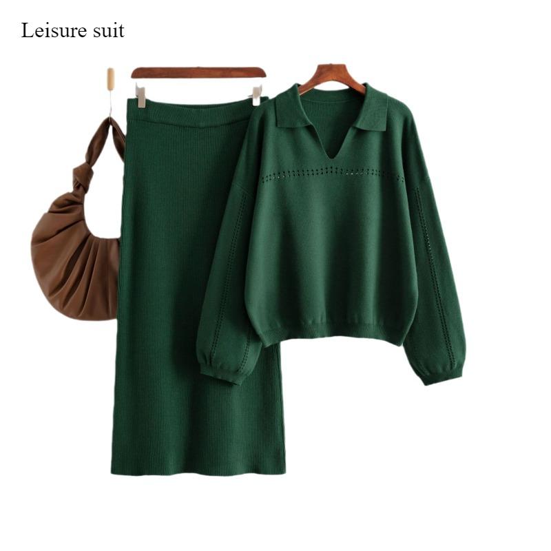 Autumn and Winter New Knit Sweater Set POLO Collar Ladies Simple Trend V-neck Solid Color Loose Slim Dress