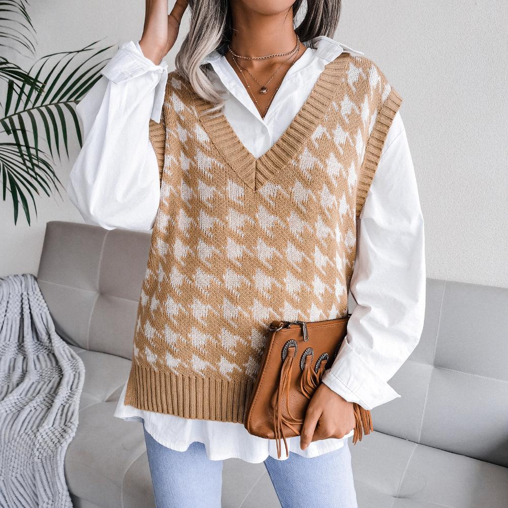 Women's Autumn and Winter V-neck Chibi Check Casual Loose Knitted Sweater Vest