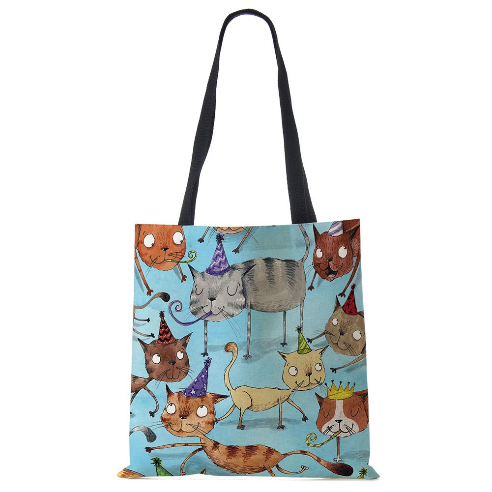 Милая Кавайная Мультяшная Аниме Кошка Принт Льняная Сумка-Тоут Женская Модная Сумка Школьная Дорожная Сумка Через Плечо Многоразовая KTY